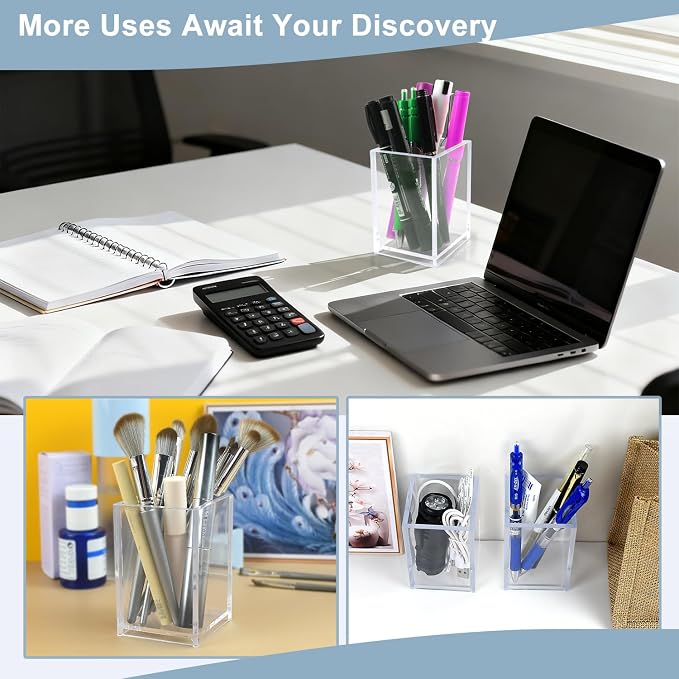 10 Pack Clear Acrylic Pen Holders, Pencil Cup Desk Organizers | Clear Acrylic Cups For Pens, Markers, Makeup Brushes, Stationery And Office School Home Supplies