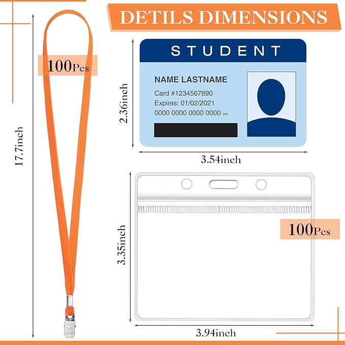 Marspark 100 Sets Clear Name Tags with Lanyard, Lanyards for ID Badges Reusable Strap with ID Holder Plastic Name Badges for Adults Business School Church Conference (Orange)