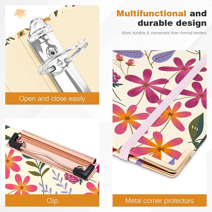 Ospelelf 3 Ring Binder, 1.5 Inch, Cute Floral Binder for Letter Size (11" x 8.5") with 5 Tab Dividers, File Folder Labels and Low Profile Clipboards