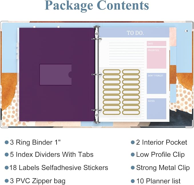 3 Ring Binder, 1 Inches Round Ring Binder with Clipboard, Dividers Tabs, PVC Zipper Bag Sleeves & to Do List Planners for Women, Men, School, Office Supplies, Abstract Art