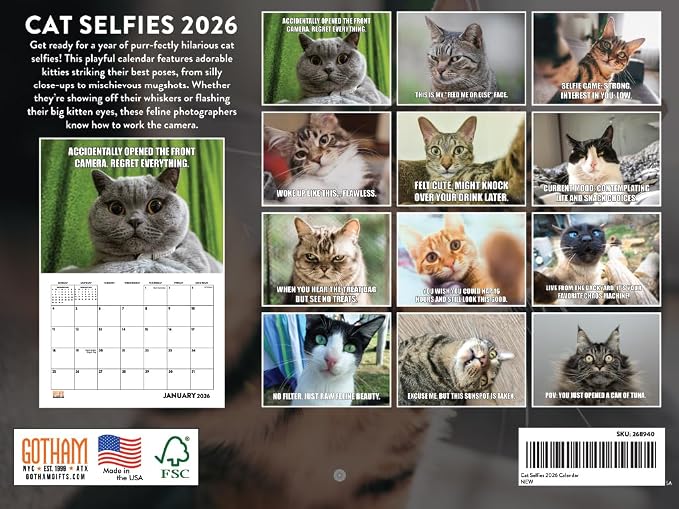 Cat Selfies Calendar 2026 Monthly Wall Calender 12 Month | American Made In The USA