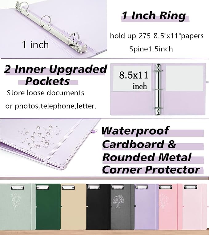 3 Ring Binder, 1 Inch Leather Binders with Clipboards, 5-Tabs Pockets Dividers, 18 Divider Stikers, Plastic Folder, Pen Holder, Three Ring Binder with Pen Holder(Purple, Letter Size)