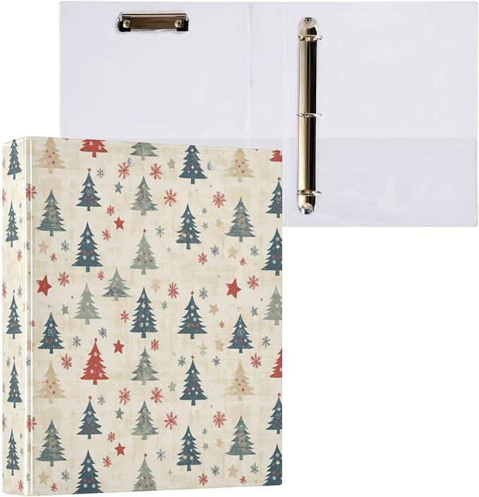 Rustic Christmas Trees Winter Holiday 3 Ring Binder 1.5" Decorative D-Ring Binder with Clipboard&3 Clear Pockets, Holds 200 Sheets A4 Size Paper Waterproof Binders for School Home Office