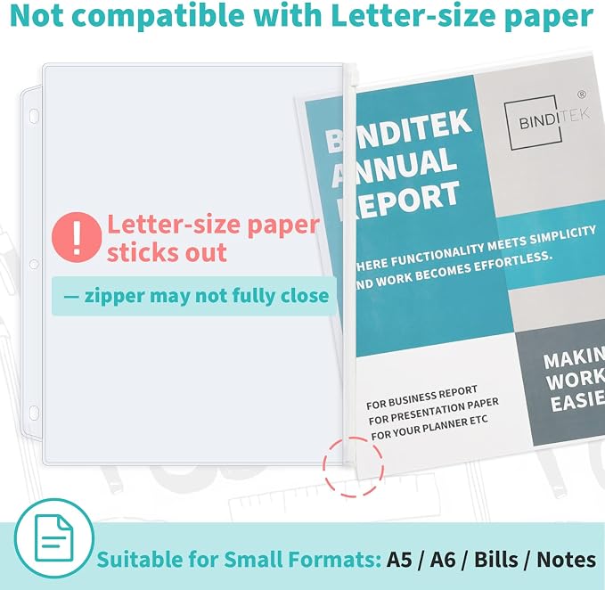 Binditek 40 Pack Zippered Binder Pockets, 3-Hole, Multicolor Zippers | Plastic Binder Pouches, Fits 3 Ring Binders, Clear Waterproof PVC, Zipper Closure, Document Filing and Storage