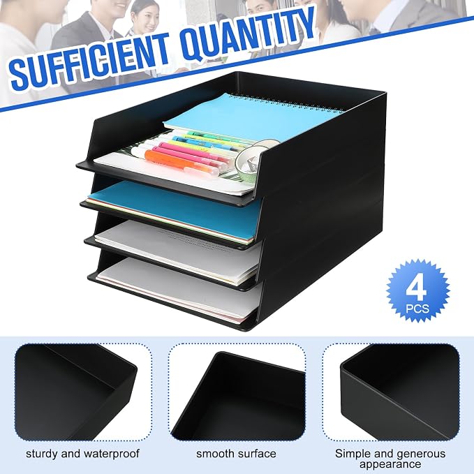4 Pcs Stackable Paper Trays Rectangular Plastic Desk Holder Desktop Document File Organizer Storage Letter for Office Classroom (Black)