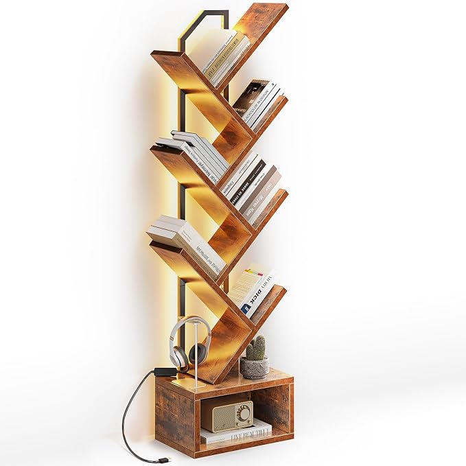 Casaottima Tree Bookshelf with LED Lights, 6-Tier Small Bookshelf, Vintage | Narrow Bookcase for Small Spaces, Steel & Wood Storage Shelf with Cabinet, Home Organizer for Living Room, Bedroom, Office