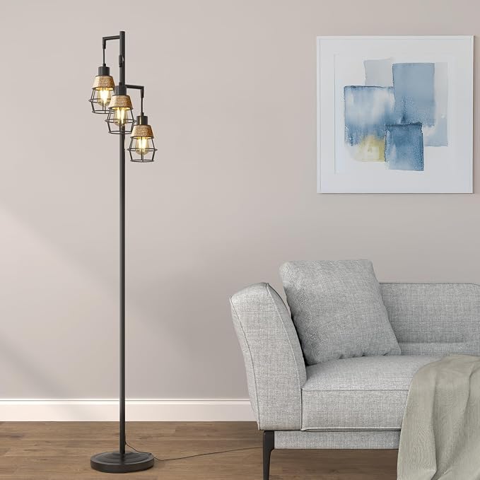 70" Floor Lamps for Living Room, Stepless Dimmable Boho Floor Lamp with 3 Bulbs, Tall Farmhouse Industrial Corner Standing Tree Lamp for Bedroom, Office, Study Room, Dining Room, Black