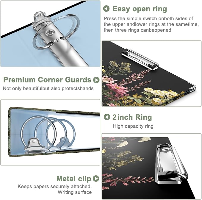 Rouidr 3 Ring Binder, 2 Inch Round Ring Binder Organizer with Clipboard, 5 Dividers Tabs, A4 8.5 x 11 Inch Paper & Clear Sleeves for School, Office Supplies