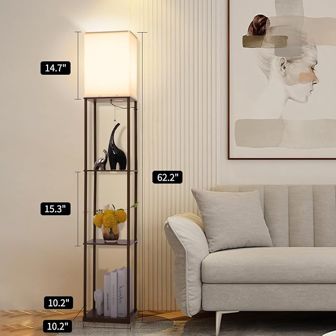 Gupuzm Floor Lamp with Shelves, with Modern Square Standing Lamp with Smart APP Control RGB Bulb, Corner Display Bookshelf Lamp for Living Room, Bedroom and Office(brown-9RGB)