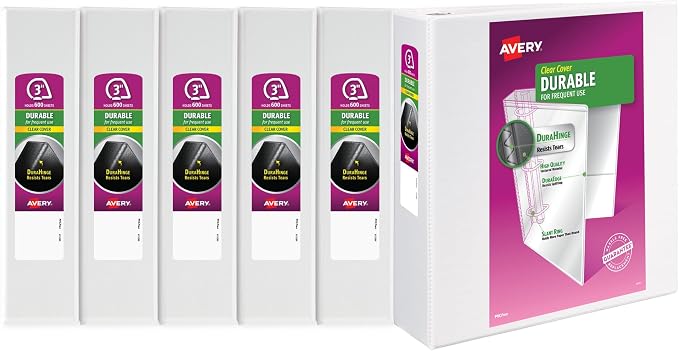 Avery 3 Ring Binder 3 Inch Slant Rings Durable View, White Binder for Home, Office, or School Use, 6 Pack (17042)