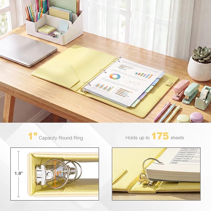 Ospelelf Vintage Hardcover 3 Ring 1 inch Leather Binder, Professional Binder Organizer Suitable for Letter Size, Binder Dividers with Tabs, Light Yellow