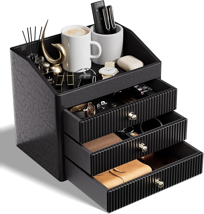LADSTAG Desk Organizers and Accessories,Black Vegan Leather Desktop Organizer with 3 Drawers & Tray for Bedroom,Bathroom,Lipstick,Nail Polish,Skincare,Perfume,Jewelry Box