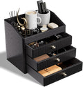 LADSTAG Desk Organizers and Accessories,Black Vegan Leather Desktop Organizer with 3 Drawers & Tray for Bedroom,Bathroom,Lipstick,Nail Polish,Skincare,Perfume,Jewelry Box