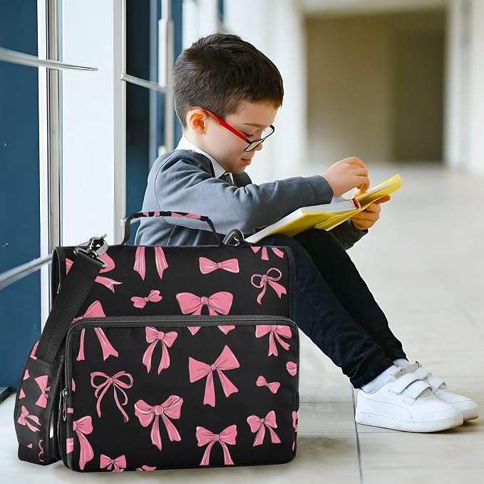 3 Ring Zipper Binder with Shoulder Strap Pink Bow Black I 2 Inch Zippered Binder Bag 500 Sheet Capacity Multi Pockets for School Supplies