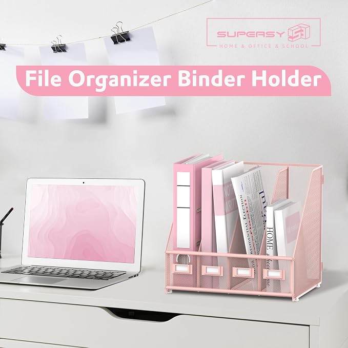 4-Compartment Magazine File Holder and File Organizer for Desk, Pink | Metal Magazine Holder and Magazine File Holder, 4-Compartment File Organizer for Binders Folders Magazines and Paper