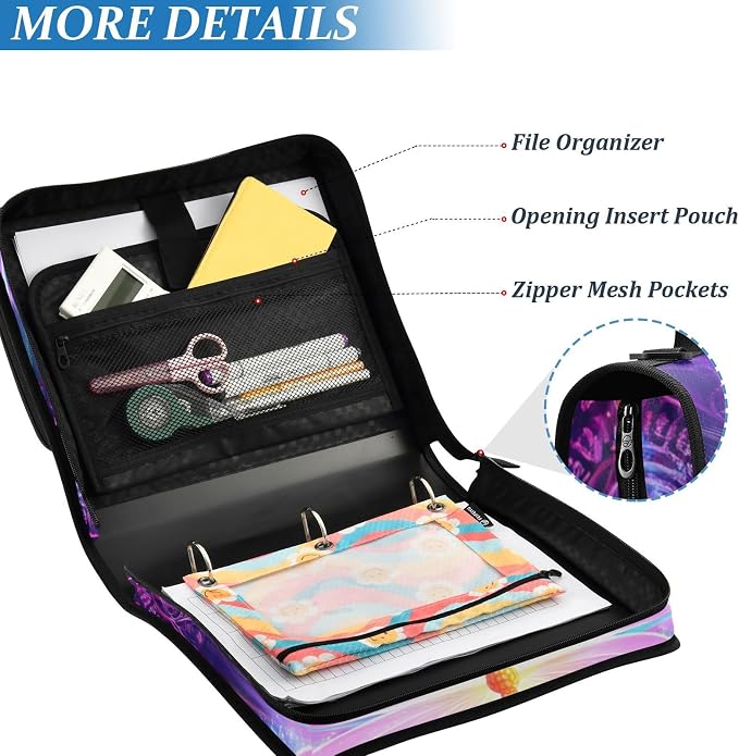 3 Ring Zipper Binder with Shoulder Strap Purple Butterflies 1.5 inch Binders Keeper Large Capacity Multi Pockets for School Office Supplies