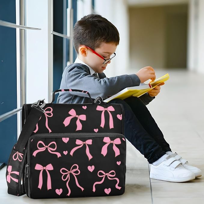 Bows Hearts Pink Black Zipper Binder with Shoulder Strap Trapper Keeper 3 Ring Binder Organizer Large Capacity Multiple Compartments for School Office
