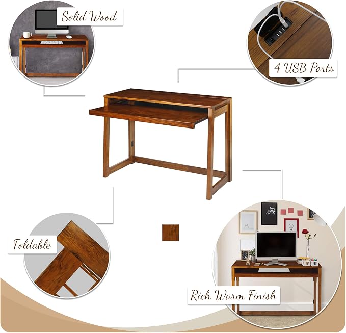 Folding Desk with Pull-Out & USB Port-Warm Brown