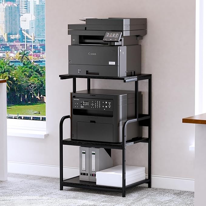 Arbuxzuy Printer Stand with Storage Shelf,3 Tier Printer Cart with Wheels,Mobile Printer Table for Home Office,Stands for Heat Press Scanner Fax,Industrial Style (Black)