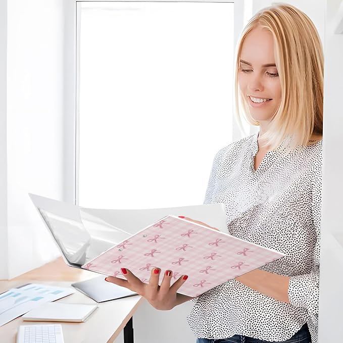 Aslsiy Pink Checkered Little Bows 3 Ring Binder 1.5 Inch Round Clipboard Binder Decorative Harcover Binder Organizer for Office Supplies