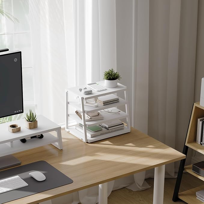 Fenge Desk Shelf Organizer, 4-Tier Tower Desktop Office Shelves, White | Wood and Metal Open Shelf, Corner File Organizer for Office Supplies, Top of Desk Organizers and Accessories