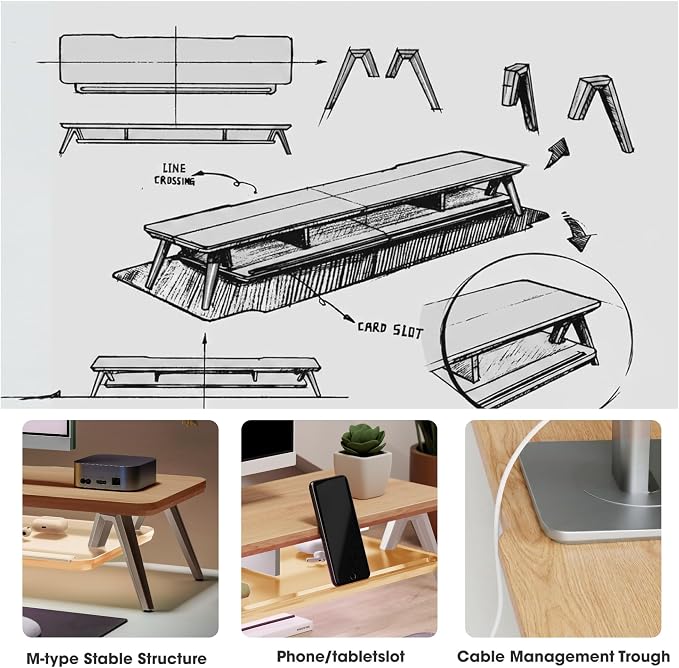 Fenge Dual Monitor Stand Riser with Phone & Tablet Slot, Dark Oak | Thickened Frosted Acrylic Shelf, Aluminum Legs, 2-Tier Storage, 42.5-Inch Desk Shelf for Gaming, Home Office & Streaming