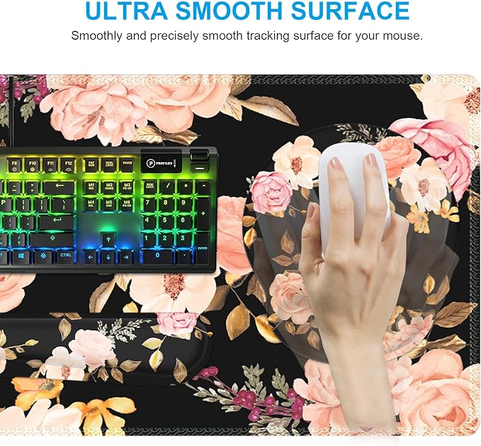 iCasso Floral 4in1 Computer Mat, 35.4"x15.7" Work Mat for Computer | Retro Ergonomic Desk Pad Including Keyboard Wrist Rest, Mousepad Set for Teacher Cubicle Office Computer Setup