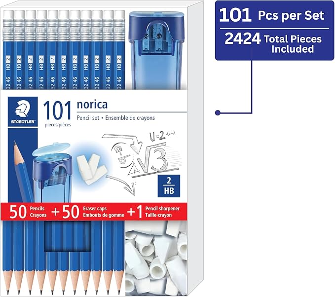 STAEDTLER Norica Pencil Set 50 Pencils + 50 Eraser Caps + Sharpener 24 Pack