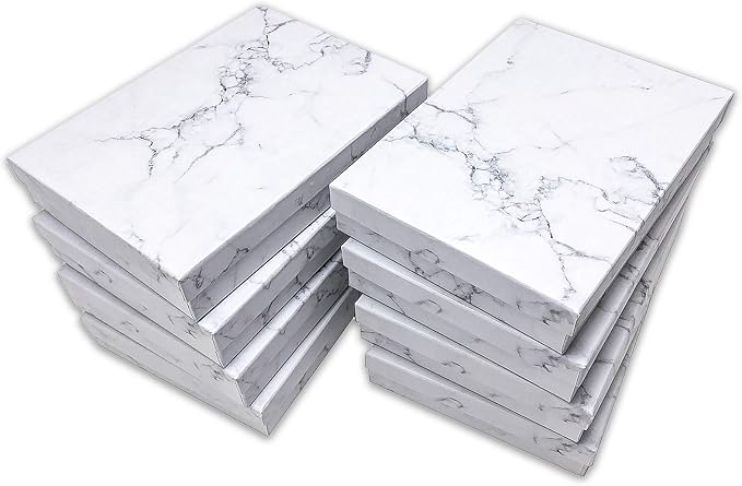 TheDisplayGuys 25 Cardboard Jewelry Gift Boxes with Inserts - Marble White | Size #75 - 7.1" x 5.2" x 1.3", Lids, Cotton Filled Padding, Kraft Paper, Bulk Pack Case, for Shipping, Organizers, Storage