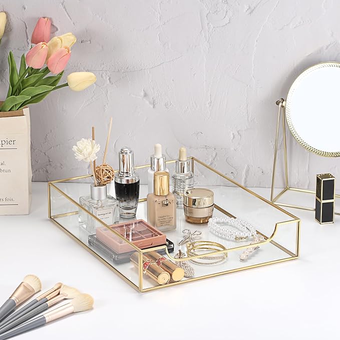 BTSKY 2 Pack Golden Glass Desk Tray, Multi-Purpose Organizer for A4 Paper, Documents, Desk Supplies, Makeup, Clear File Tray with Metal Frame, Stackable Decorative Storage for Home Office Vanity