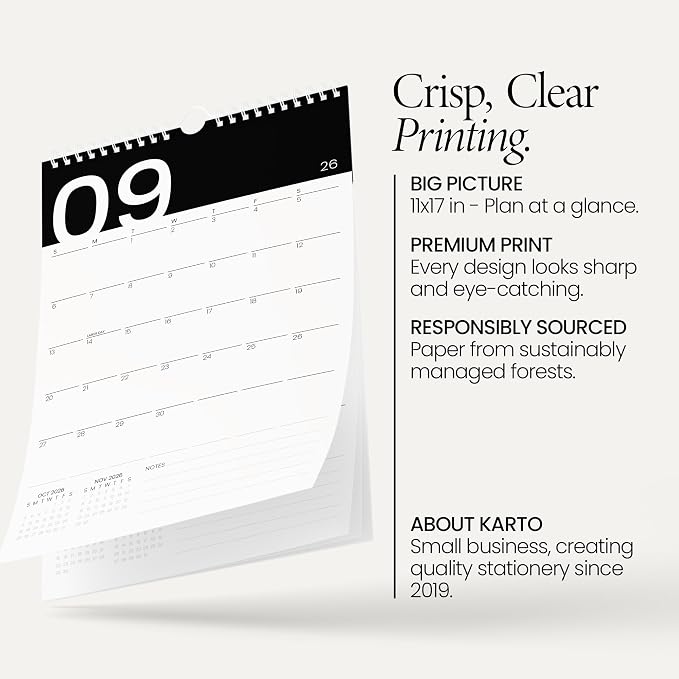 Karto Wall Calendar 2026-2027 11x17 in - Modern Black