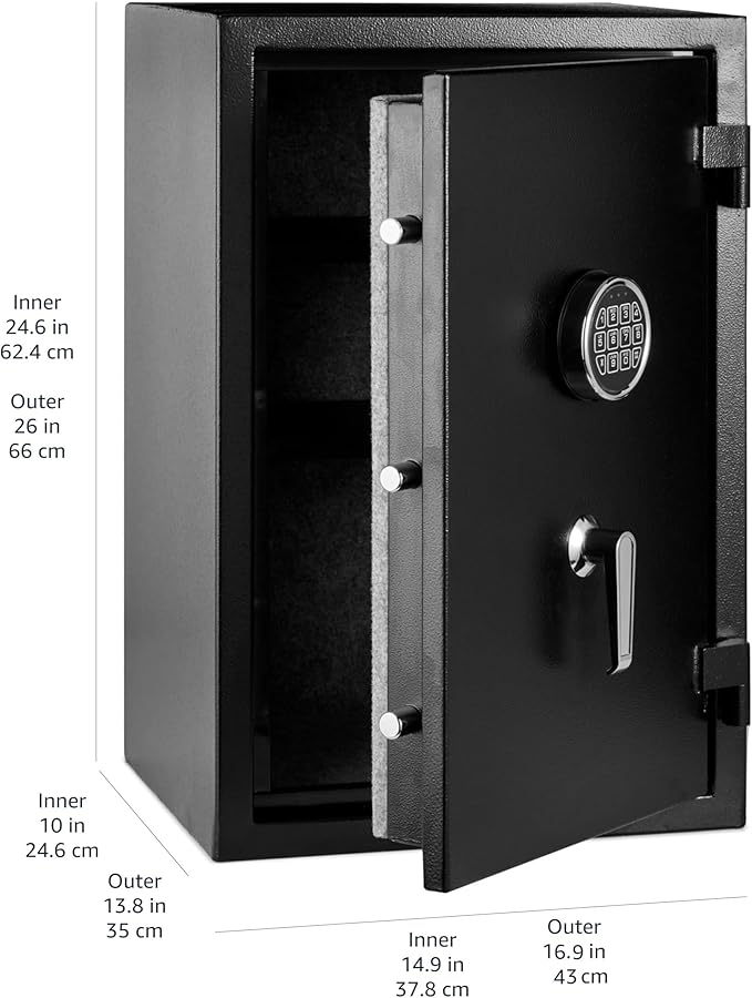 Amazon Basics Fire Resistant Security Safe with Electronic Keypad, Anti-Theft Protection for Important Documents and Valuables, 2.1 Cubic Feet, 16.93" W x 13.8" D x 25.98" H, Black