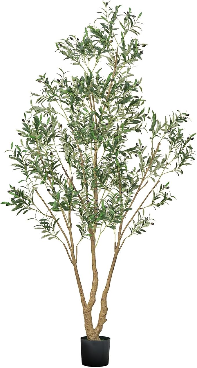 VEVOR 8FT Artificial Olive Tree with Black Pot, Tall Fake Tree with Natural Wood Trunk & Realistic Green Leaves and Fruits, Indoor Faux Plant for Home, Office, Living Room, Corner Decor