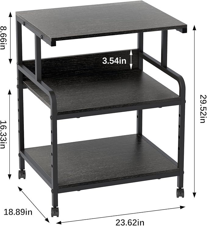 Arbuxzuy Large Printer Stand with Storage Shelf, 23.6" W x 18.9" D Printer Cart with Wheels, 3 Tier Mobile Printer Table for Home Office,Stands for Heat Press Scanner Fax (Black)