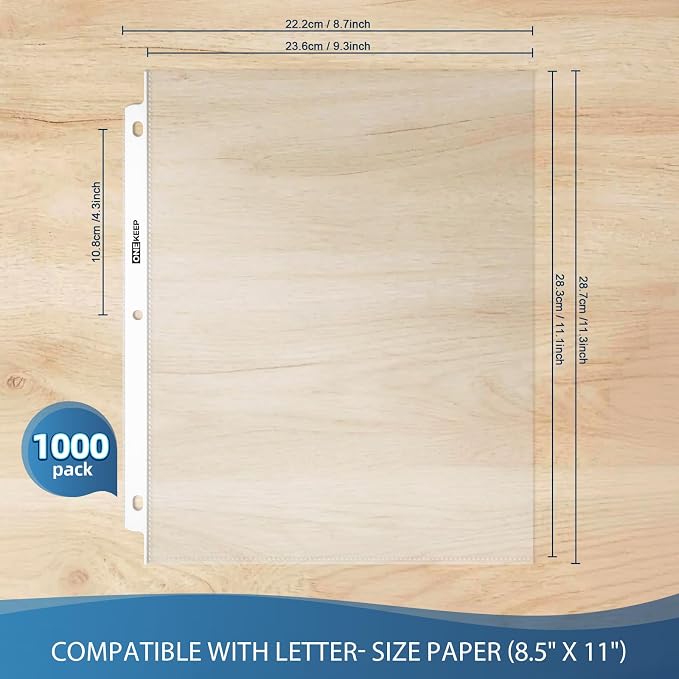 1000 Pack Sheet Protectors, Top Loading Reinforced 3-Hole Page | Protectors for 3-Ring Binders, Fits Standard 8.5" x 11" Letter Size Paper, Perfect for Documents & Photos, Office Supplies