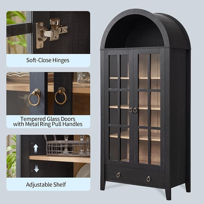 RowyPoey 71" Tall Arched Cabinet Bookshelf with Glass Door & Storage Drawer | Modern Farmhouse Display Cabinet,Adjustable Shelves,Wood Kitchen Pantry for Dining Room,Living Room,Office,Black