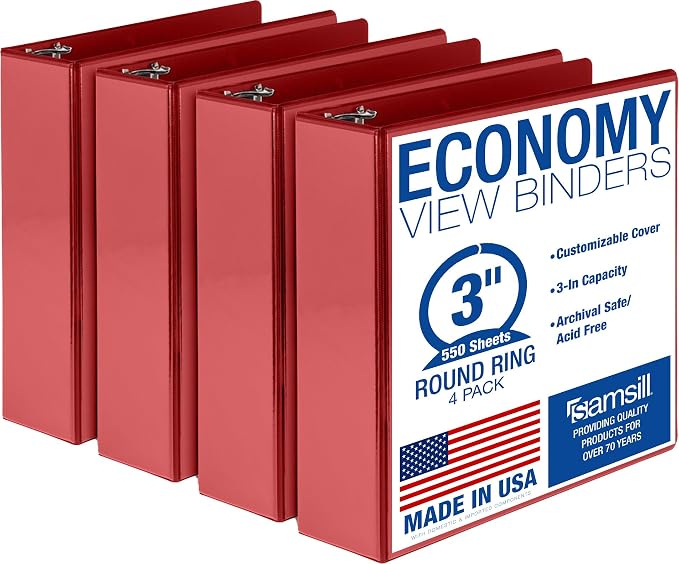 Samsill 3 Inch 3 Ring Binders, Economy Round Ring, Clear View Cover, 550 Sheet Capacity - for School, Home, Office - Red, 4 Pack