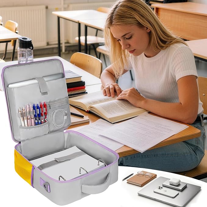 Zipper Binder 3 Ring 3 Inch with Shoulder Strap, Large Binder Backpack with Zipper Fits 13 Inch Laptop for College Office Travel, 700 Sheets Capacity,Gray&Yellow
