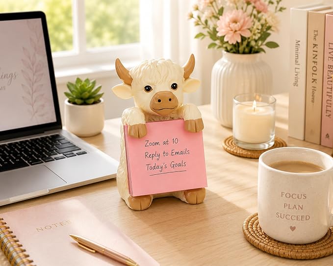 Highland Cow Pop-Up Sticky Note Dispenser for 3 x 3 in Notes, Beige | Includes 100 sheets, handmade resin desk decor for office, home or classroom, gift for teachers, coworkers and cow lovers