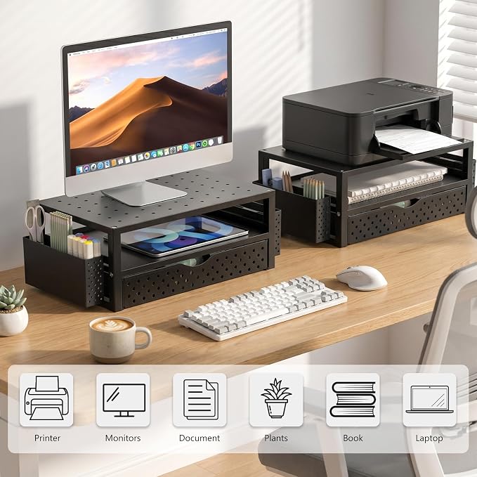 WALI Monitor Stand Riser with Drawer and 2 Pen Holders, Desk Organizers and Accessories for Computer, Printer, Laptop Stand for Home Office Supplies, (PTT004-B), 1 Pack, Black