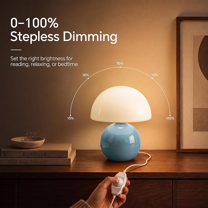 Mushroom Lamp Table Lamp for Bedroom-Small Desk Table Lamps,Blue | 8.7" Mid Century Modern Table Lamps for Living Room Bedroom Decor,Cute Ceramic Lamps for Mushroom Home Room Decor,Glass Shade