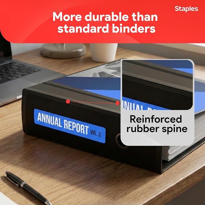 Staples Better Binder, 5 Inch D-Ring, Black, Reinforced Spine | High-capacity 3-ring binder holds up to 1,050 sheets for bulk storage.