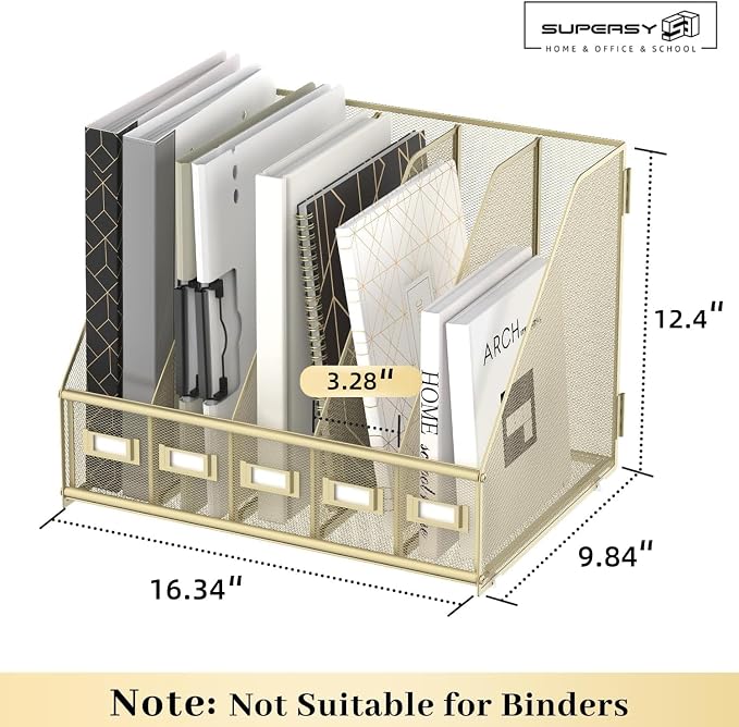 Desk Organizers Metal Desk Magazine File Holder with 5 Vertical Compartments Rack File Organizer for Office Desktop, Classroom, Home Workspace, Golden Yellow