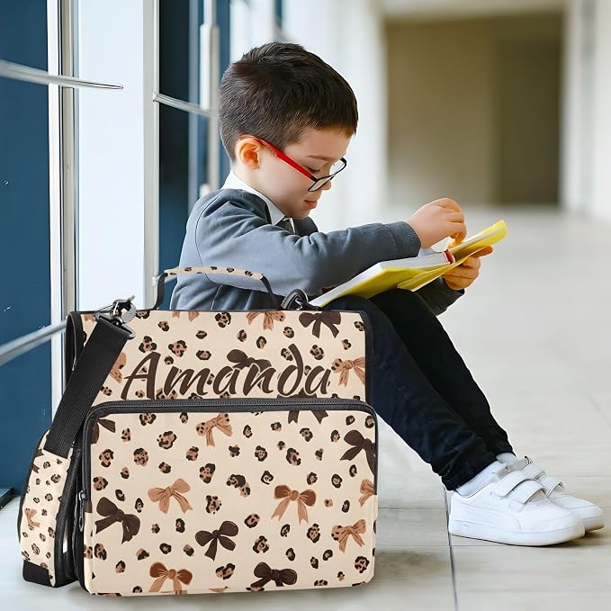 Custom 3 Ring Zipper Binder Leopard Print Bow Pattern Personalized Name 1.5 inch Binders Large Capacity Multi Pockets for School Office Supplies