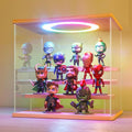 LANSCOERY Acrylic Display Case with RGBW Lights, 4 Tier Wood Finish | 11.8 x 8.9 x 11 in case displays small figures on desks or shelves with tiered rows and front access.