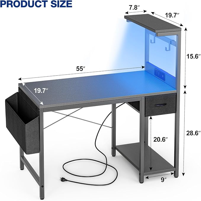 Grandder Gaming Desk 55 Inch with Power Outlet and LED Light, Computer Desk with Reversible Shelves and Storage Drawer, Pc Small Desk for Home Office Table with Bag, Carbon Fiber Grey