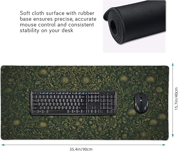 Dark Green Floral Desk Mat Gold Flowers XXL Large Desk Pad - Anti-Slip Stitched Edges Mouse Pad for Women, Office & Home, Extra Big Computer Keyboard Mat for Desktop, Aesthetic Office Decor