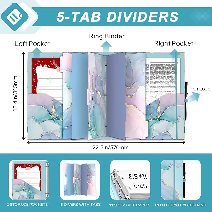 EYROZILL 3 Ring Binders 1 Inch for 8.5" x 11" Paper with 5-Tab Dividers, Cute Three Ring Binder Folders with Clipboard, Aesthetic 3 Ring Binder with Pockets (Green Marble)
