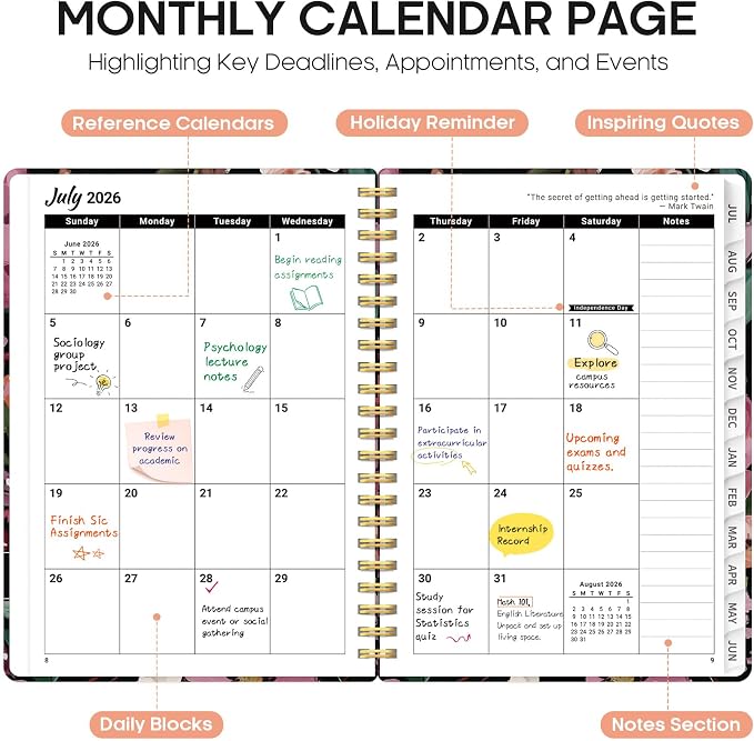 Planner 2026-2027, Monthly & Weekly Jul 2026-Jun 2027 Calendar Book | 6.3" x 8.5", Hardcover Spiral Planner with Tabs, School & Daily Pretty Agenda for Women, Students, Teachers, Blush Garden