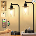 Industrial Bedside Lamps Set of 2, Fully Dimmable Desk Lamps for Bedroom | Glass Shade, USB C+A Charging Port & Outlet, Black Nightstand Table Lamps for Living Room, Office, Reading, Vintage